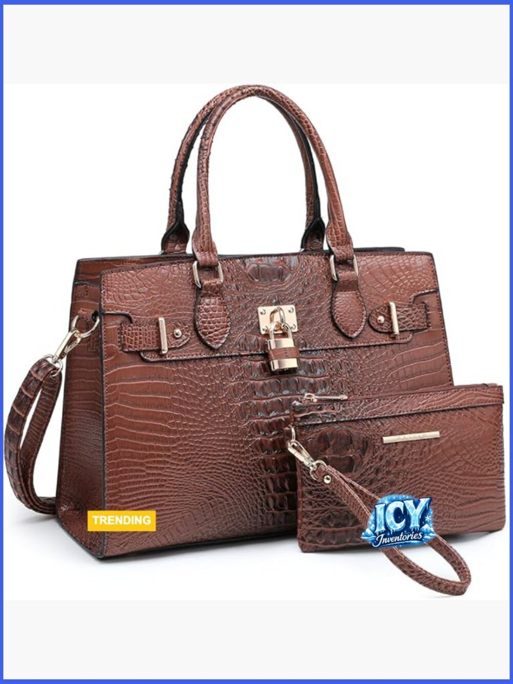Faux Leather Satchel Tote with Matching Clutch, Adjustable Strap